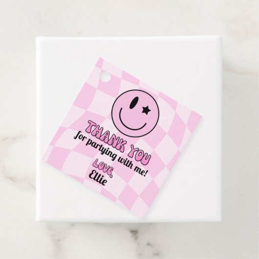 レトロピンクハッピー顔バースデーパーティーメッセージカード フェイバータグ (インサイチュ)