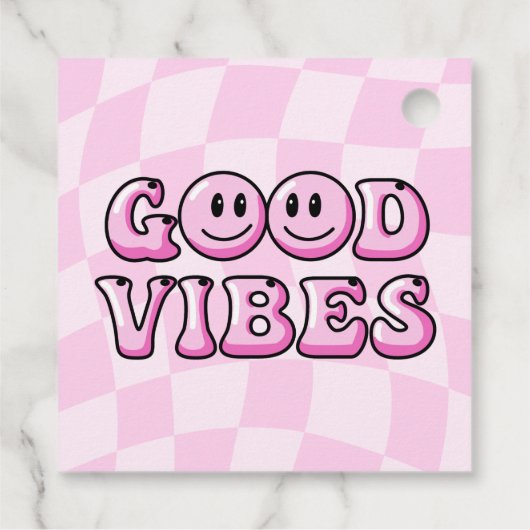 レトロピンクハッピー顔バースデーパーティーメッセージカード フェイバータグ (裏面)