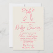 レトロピンクハンド書ハートボウ赤ちゃんガールシャワー 招待状 (正面)
