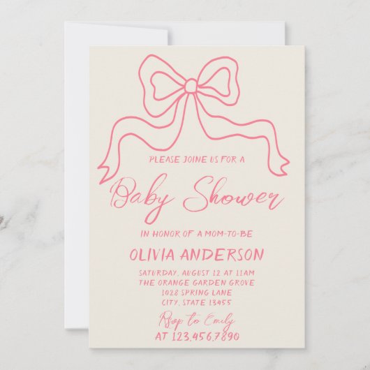 レトロピンクハンド書バウ描ビー女の子シャワー 招待状 (正面)