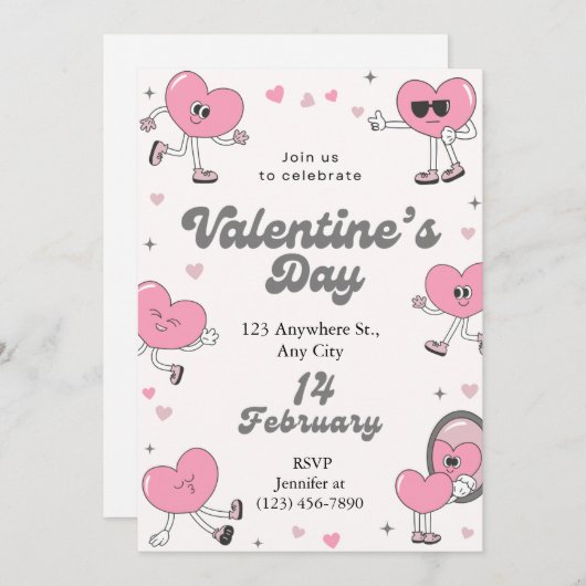 レトロピンクハートバレンタインデーパーティー シーズンカード (正面/裏面)