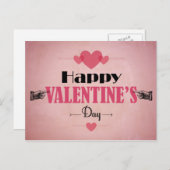 レトロピンクバレンタインデーカード – ハートと手 シーズンポストカード (正面/裏面)