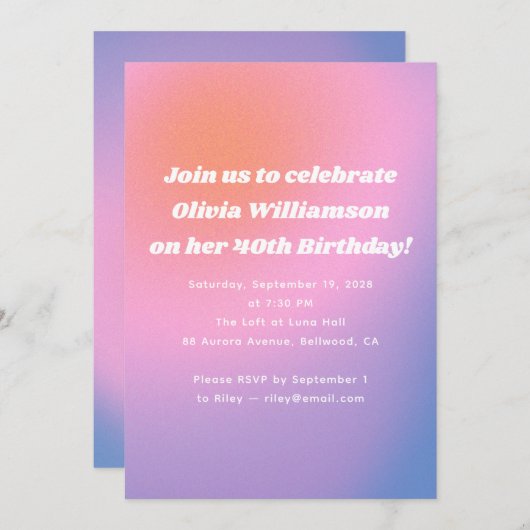 レトロピンクパープルグラディエント40th誕生日パーティー 招待状 (正面/裏面)