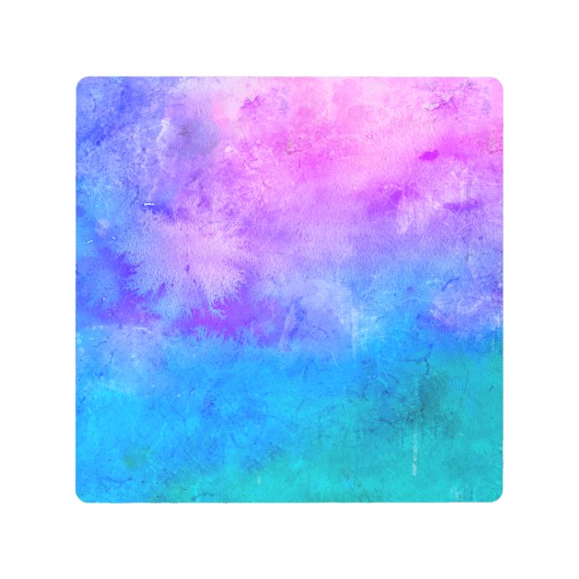 レトロピンクパープルターコイズブルー絵を描絞り染め メタルプリント (正面)