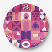 レトロピンクパープルワインバウハウスカクテルパターン ペーパープレート (正面)