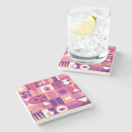 レトロピンクパープルワインバウハウスパターン ストーンコースター