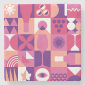 レトロピンクパープルワインバウハウスパターン ストーンコースター (正面)