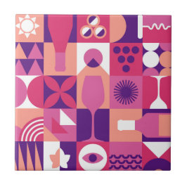 レトロピンクパープルワインバウハウスパターン タイル