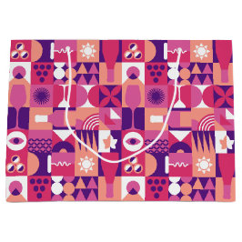 レトロピンクパープルワインバウハウスパターン ラージペーパーバッグ