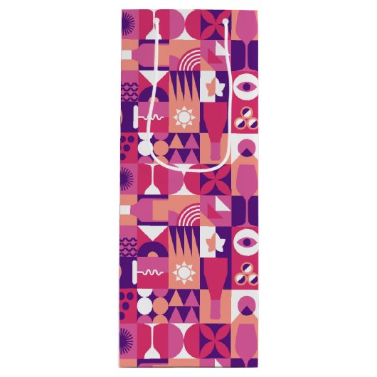 レトロピンクパープルワインバウハウスパターン ワインギフトバッグ (正面)