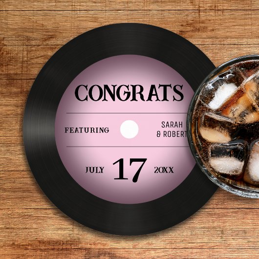 レトロピンクビニール結婚レコードおめでとう ラウンドペーパーコースター