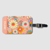 レトロピンクピーチオレンジグルーヴィフローラトレンディー ラゲッジタグ (正面横)