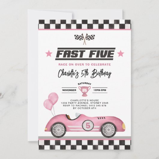 レトロピンクファスト5レースカーガール第5誕生日 招待状 (正面)