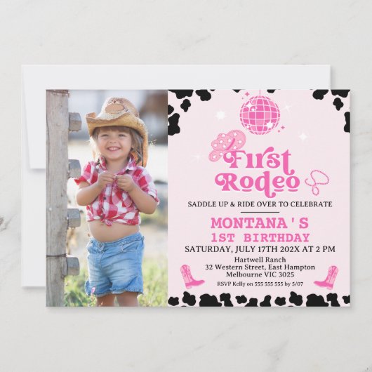 レトロピンクフォトディスコFirst Rodeo 1Birthday 招待状 (正面)