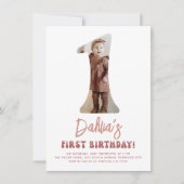 レトロピンクフラワーフォト1歳の誕生日 招待状 (正面)