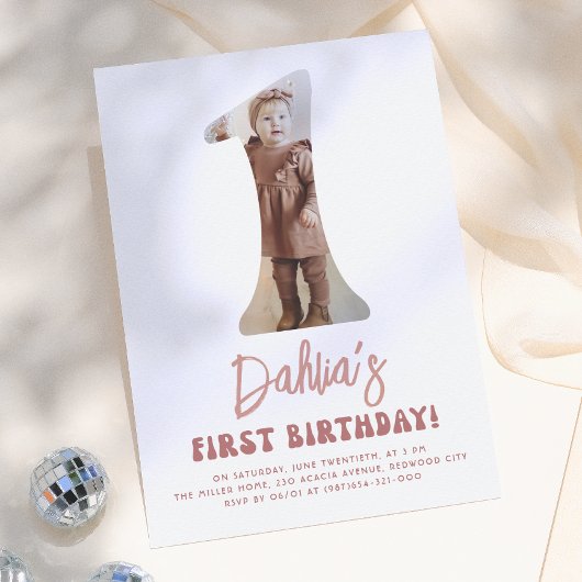 レトロピンクフラワーフォト1歳の誕生日 招待状