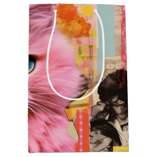 レトロピンクフワフワ猫コラージュ ミディアムペーパーバッグ (正面)