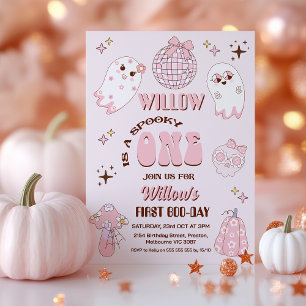 レトロピンクブラウンハロウィン不気味ワン1歳の誕生日 招待状