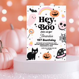 レトロピンクブラックハロウィンヘイBoo 1st誕生日 招待状