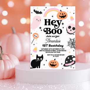 レトロピンクブラックハロウィンヘイBoo 1st誕生日 招待状