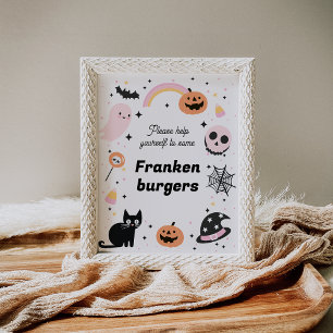 レトロピンクブラックハロウィーン誕生日パーティーサイン フォトプリント