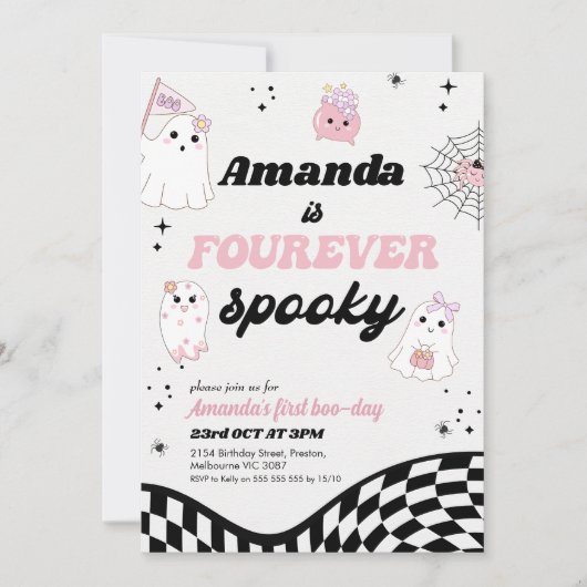 レトロピンクブラック不気味フーバー4歳の誕生日 招待状 (正面)