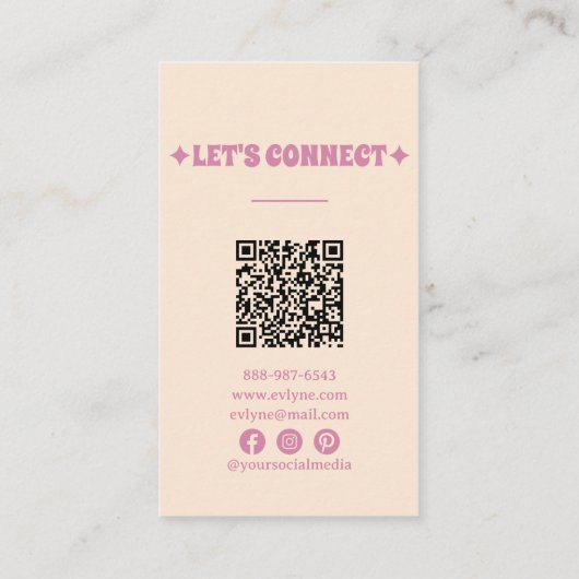 レトロピンクブルーグルーヴィガーリーフローラボーホQRコード 名刺 (裏面)