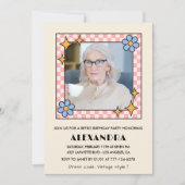 レトロピンクブルーフローラ写真99歳 招待状 (正面)