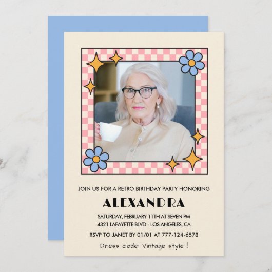 レトロピンクブルーフローラ写真99歳 招待状 (正面/裏面)
