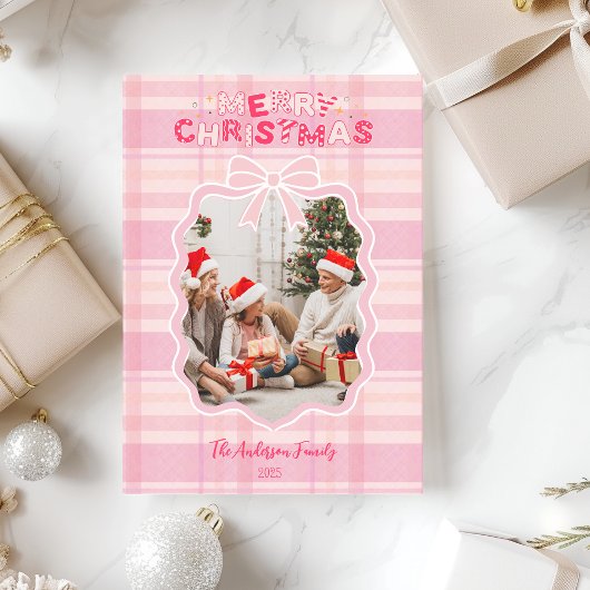 レトロピンクプレイドお洒落ホリデー シーズンカード