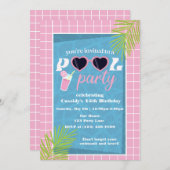 レトロピンクプール誕生日パーティー招待状 招待状 (正面/裏面)
