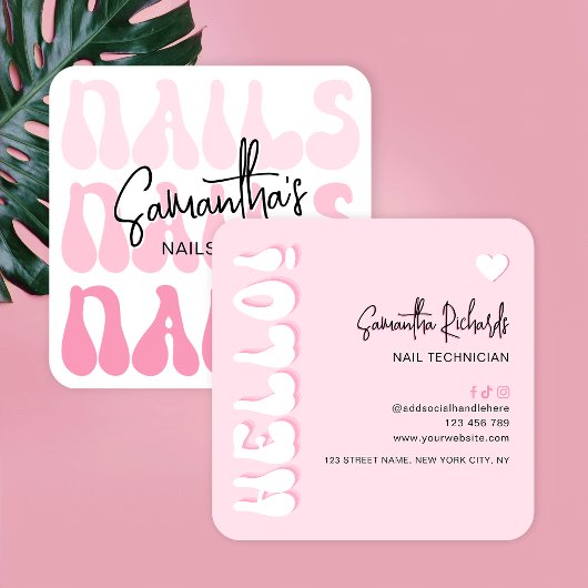 レトロピンクモダンネイルアーティストサロンマニキュア スクエア名刺