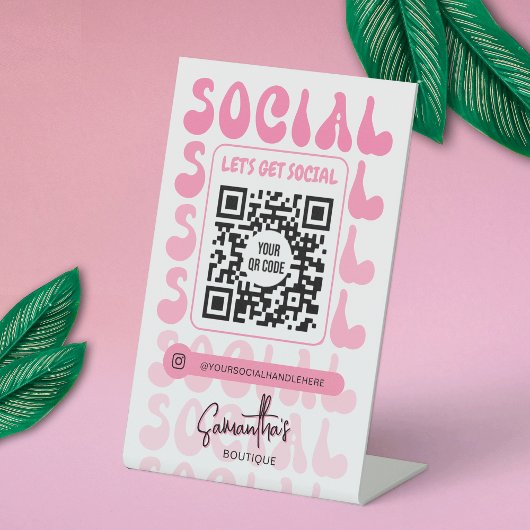 レトロピンクモダンロゴソーシャルメディアQRコード 台座サイン