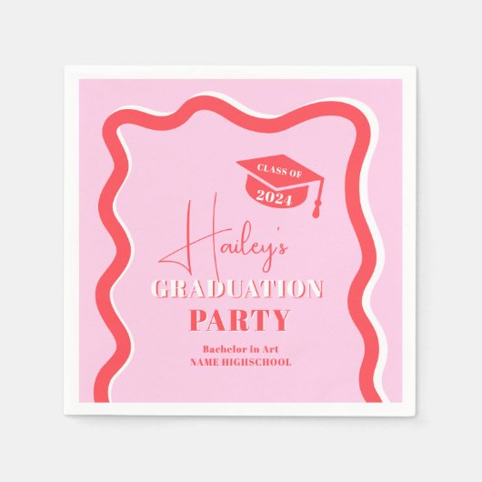 レトロピンクレッドカーブの波形の波形 スタンダードカクテルナプキン (正面)