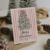レトロピンクレッドグリーン描リボンツリークリスマス シーズンカード
