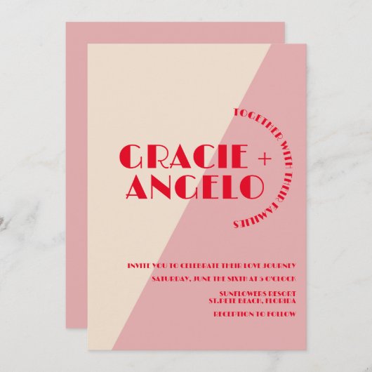 レトロピンクレッドツートーン結婚式招待状 招待状 (正面/裏面)