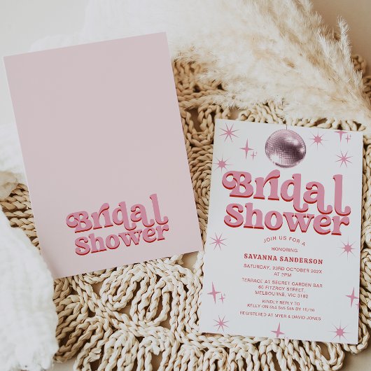 レトロピンクレッドディスコボールブライダルシャワー 招待状