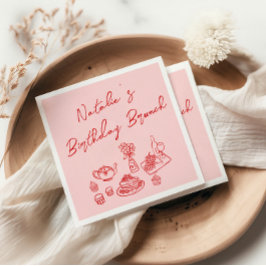 レトロピンクレッドハンドドローおもしろい誕生日ブランチ スタンダードカクテルナプキン