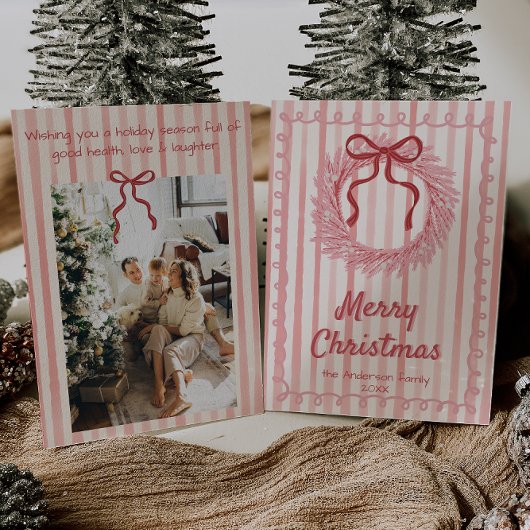 レトロピンクレッドハンドドローリースボークリスマス シーズンカード
