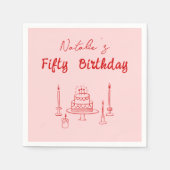 レトロピンクレッド手描きケーキボウ50誕生日 スタンダードカクテルナプキン (正面)