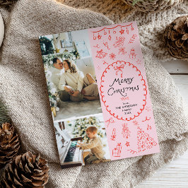 レトロピンクレッド手描きメリークリスマス2写真 シーズンカード