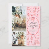 レトロピンクレッド手描きメリークリスマス2写真 シーズンカード (正面)