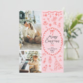 レトロピンクレッド手描きメリークリスマス2写真 シーズンカード (スタンド正面)