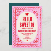 レトロピンクレッド手書き甘い16誕生日 招待状 (正面/裏面)