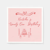 レトロピンクレッド21st手描きケーキボウ誕生日 スタンダードカクテルナプキン (正面)