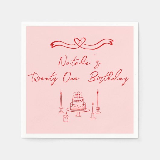 レトロピンクレッド21st手描きケーキボウ誕生日 スタンダードカクテルナプキン (正面)