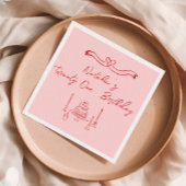 レトロピンクレッド21st手描きケーキボウ誕生日 スタンダードカクテルナプキン