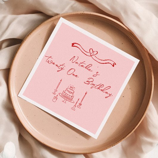 レトロピンクレッド21st手描きケーキボウ誕生日 スタンダードカクテルナプキン