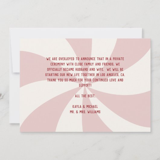 レトロピンクレッド&クリームたった今結婚しましたフォト結婚ズ 案内状 (裏面)