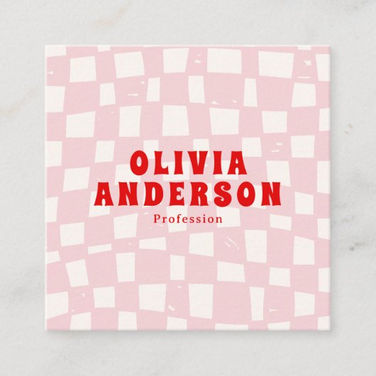 レトロピンクレッドQRコードGroovy 市松模様にガーリーBoho スクエア名刺 (正面)
